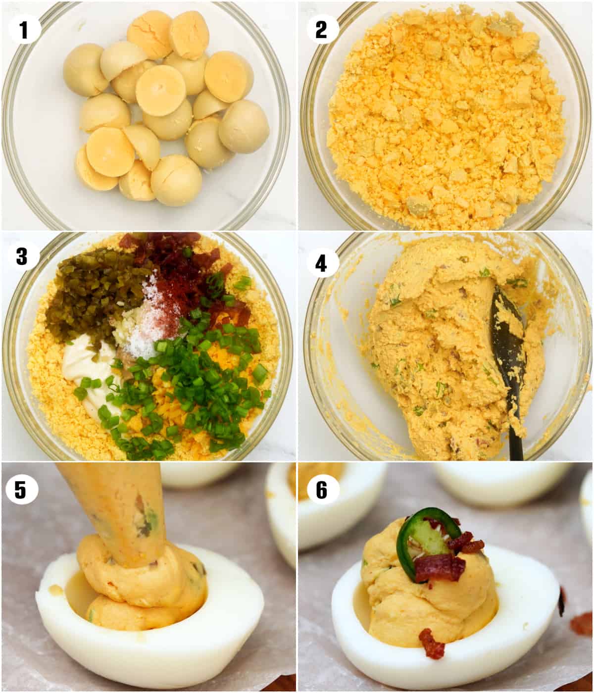 Collage of six images shows steps on how to remove yolk from boiled eggs, prepare the stuffing, fill into empty egg halves and garnish with bacon