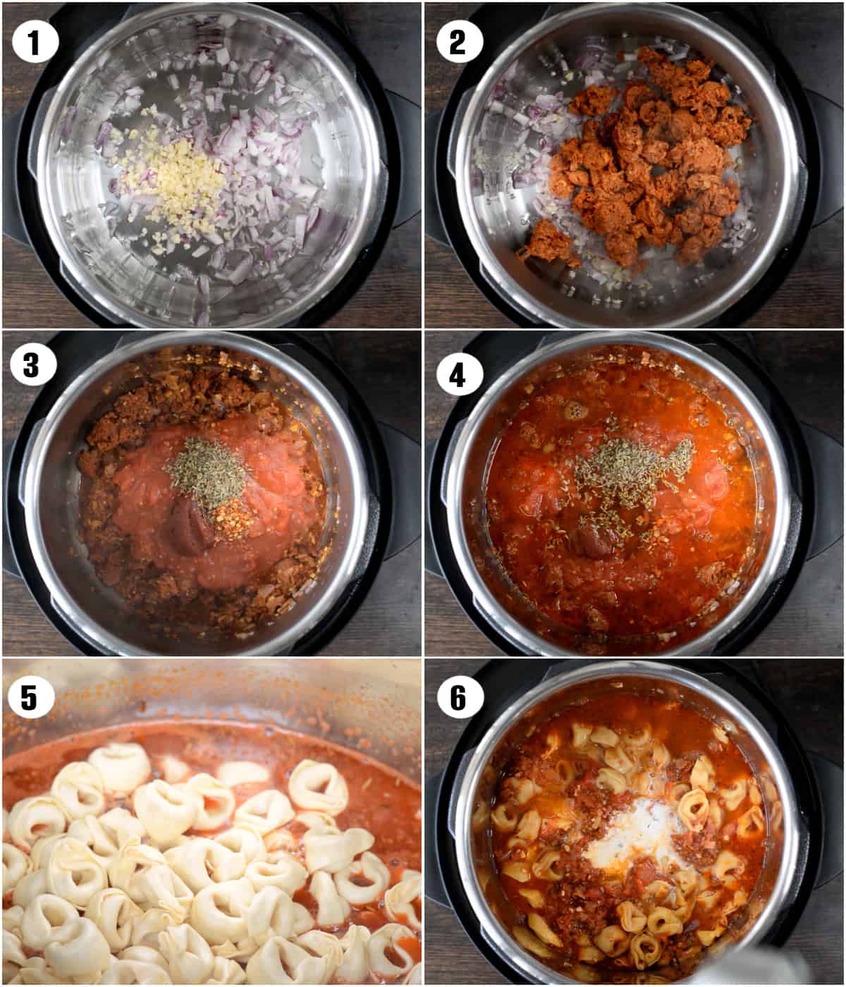 Step by step photos showing how to make sausage tortellini soup