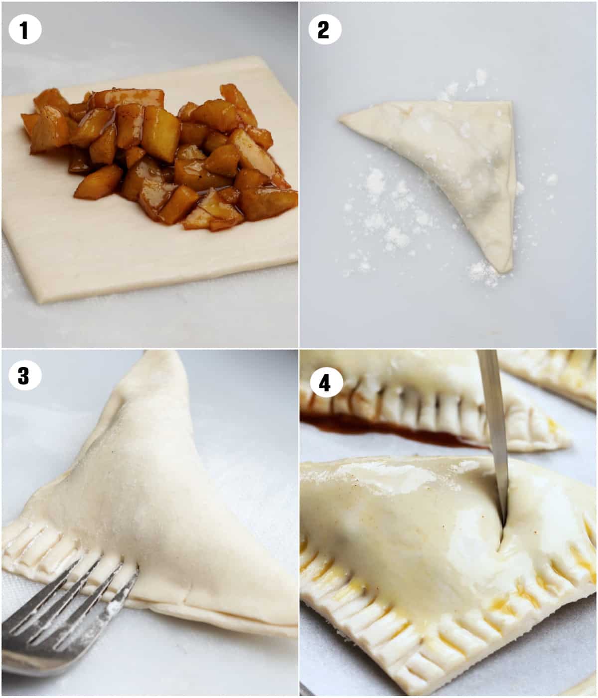This picture shows how to shape Apple turnovers using puff pastries.