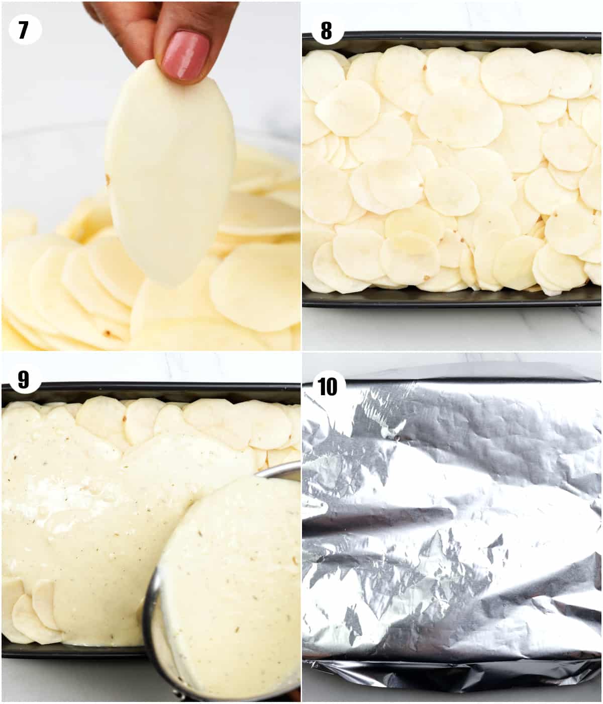 Collage of four images showing steps to pour creamy sauce between layers of sliced potatoes. Cover with aluminum foil and bake in oven.