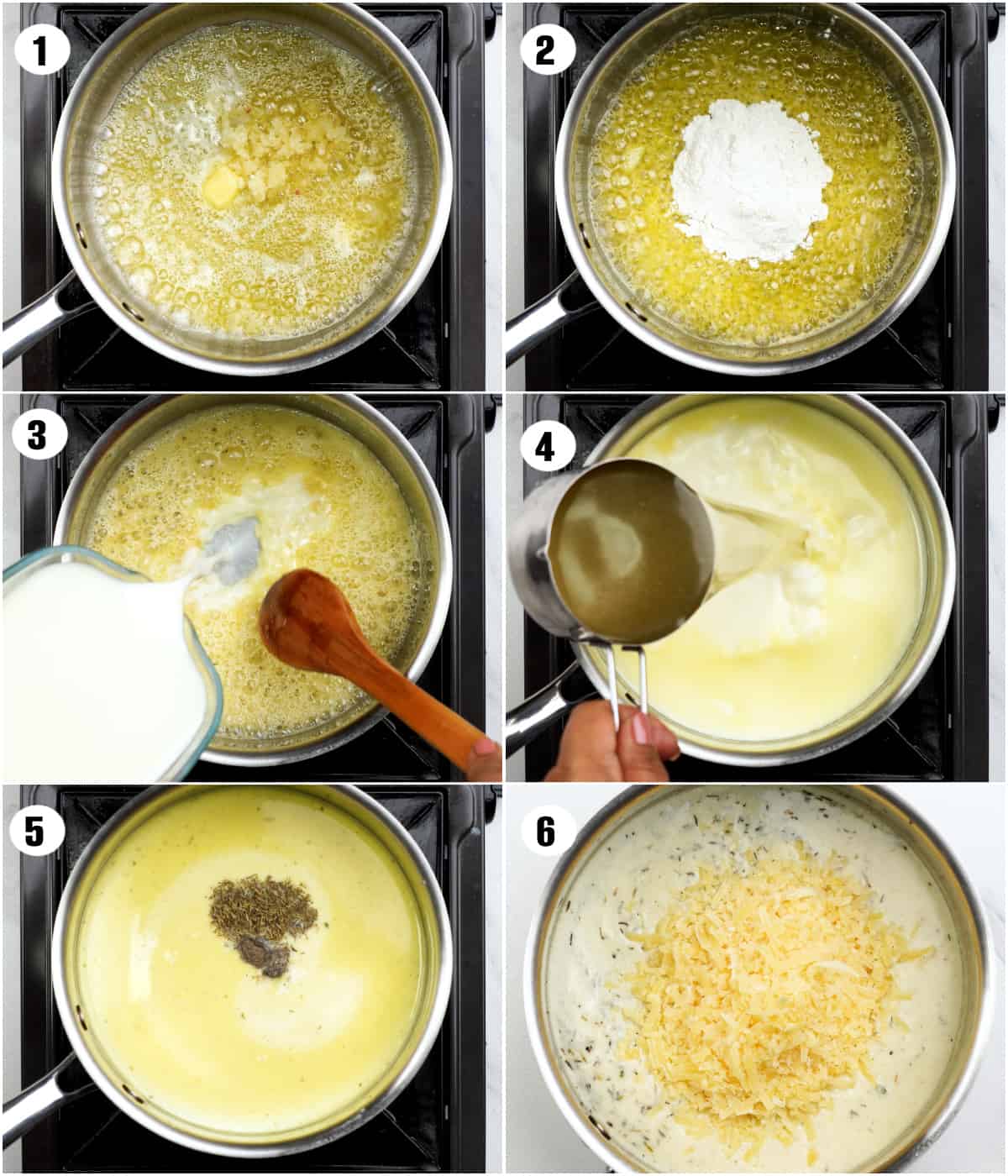 Collage of six images depicting steps to make the creamy and cheesy sauce for scalloped potatoes.