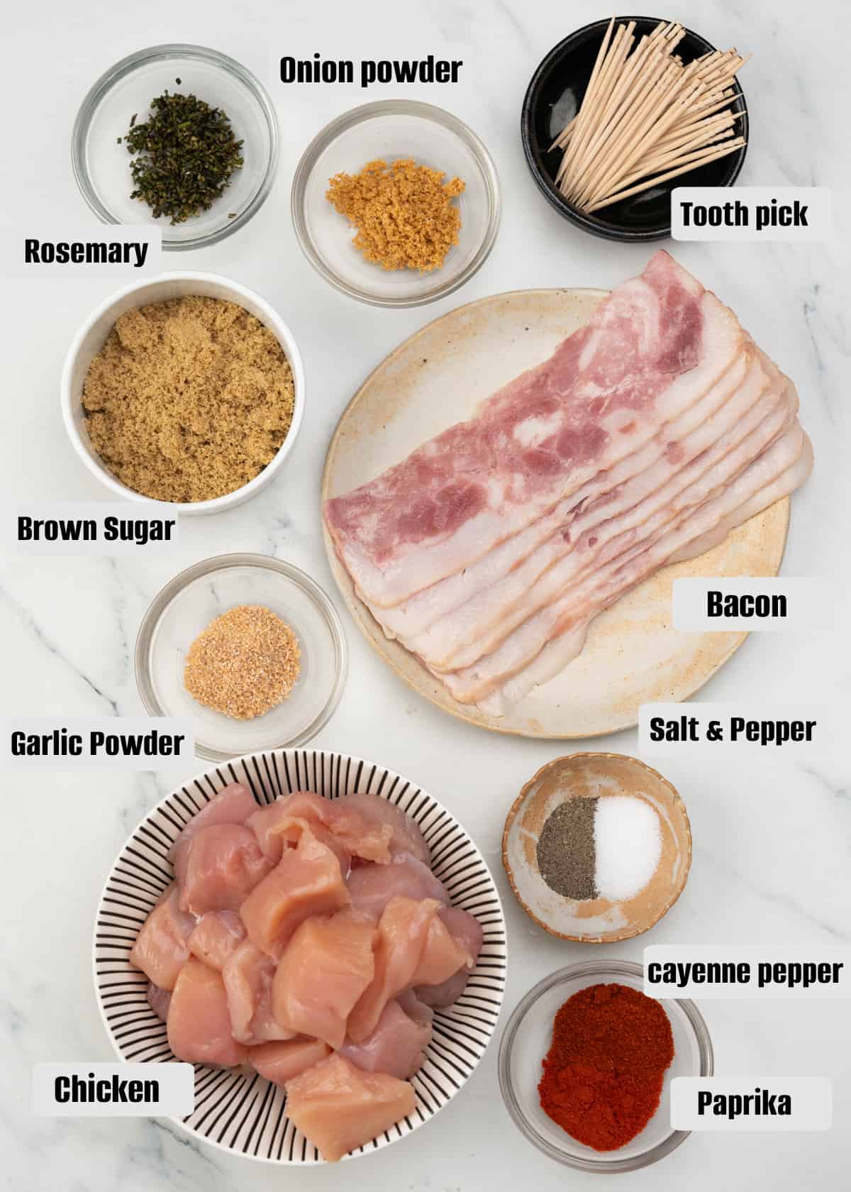 Ingredients for bacon wrapped chicken bites
