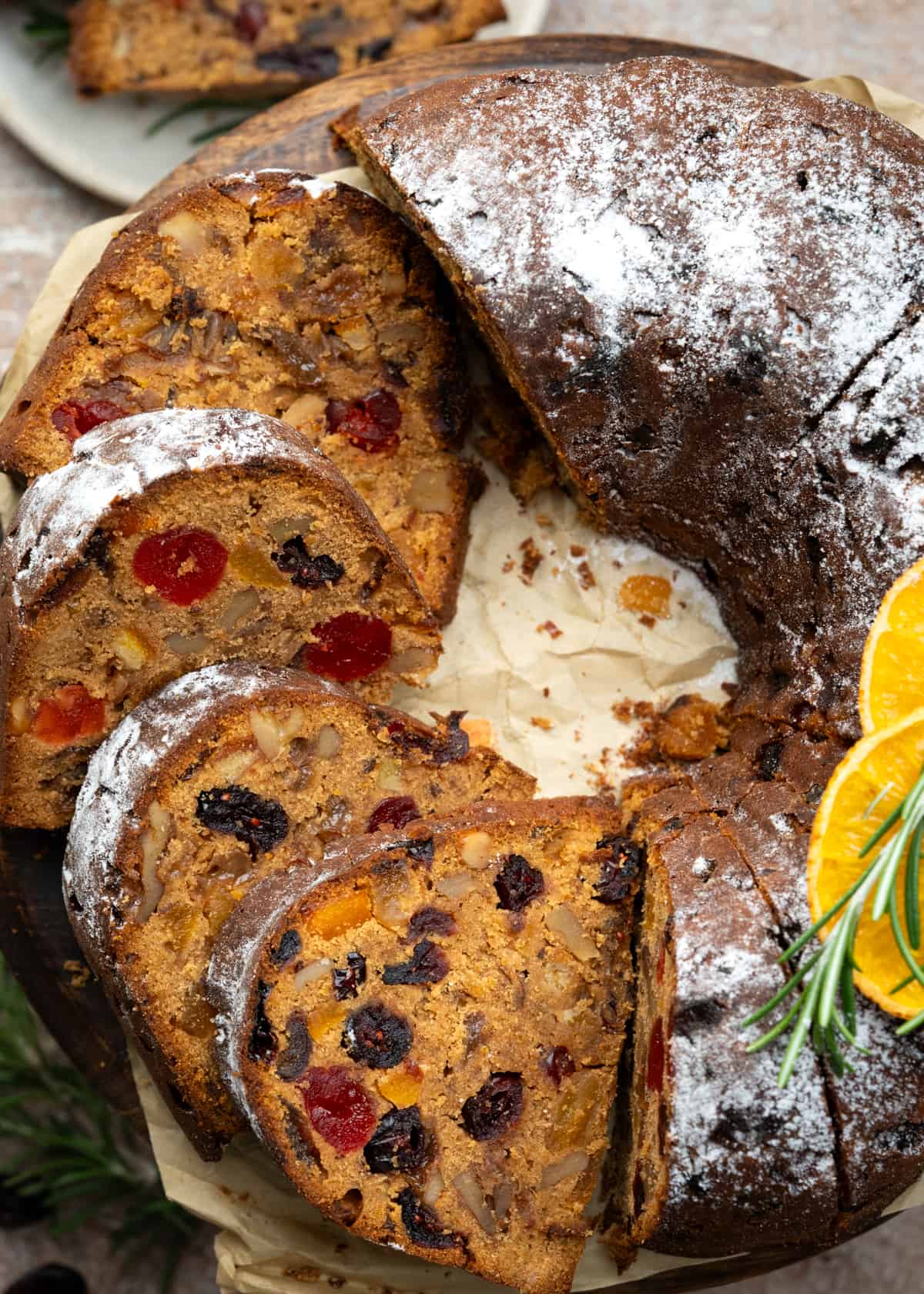 Cross section of Fruit Cake loaded with dried fruits. 