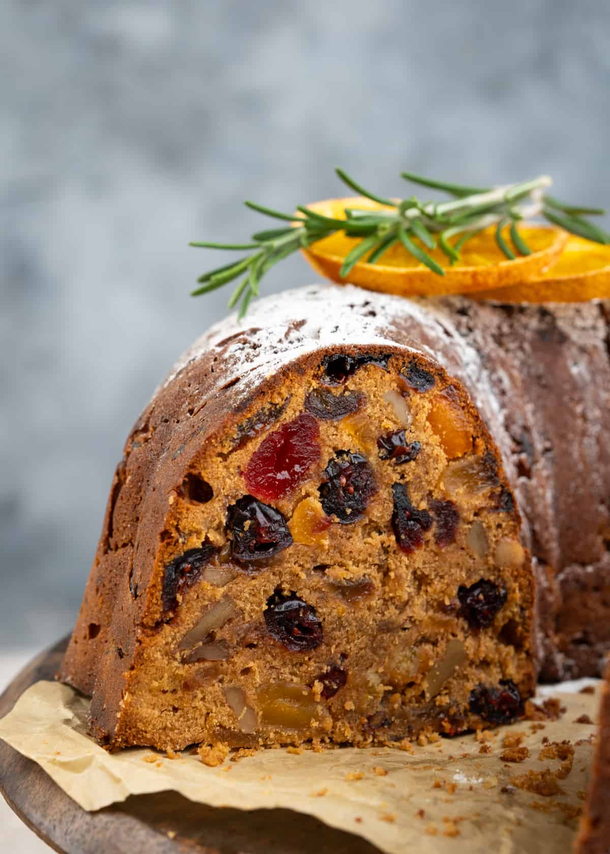 Cross section of Fruit Cake loaded with dried fruits. 