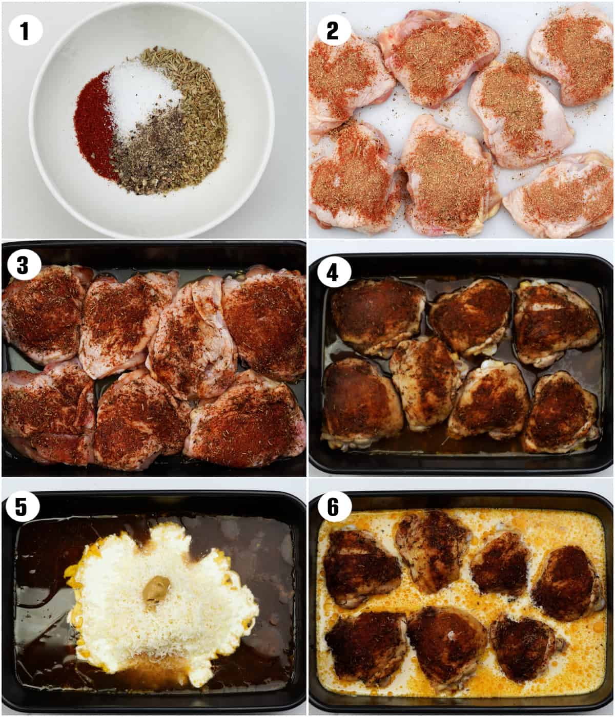 Easy steps to make baked chicken thighs with creamy parmesan sauce.