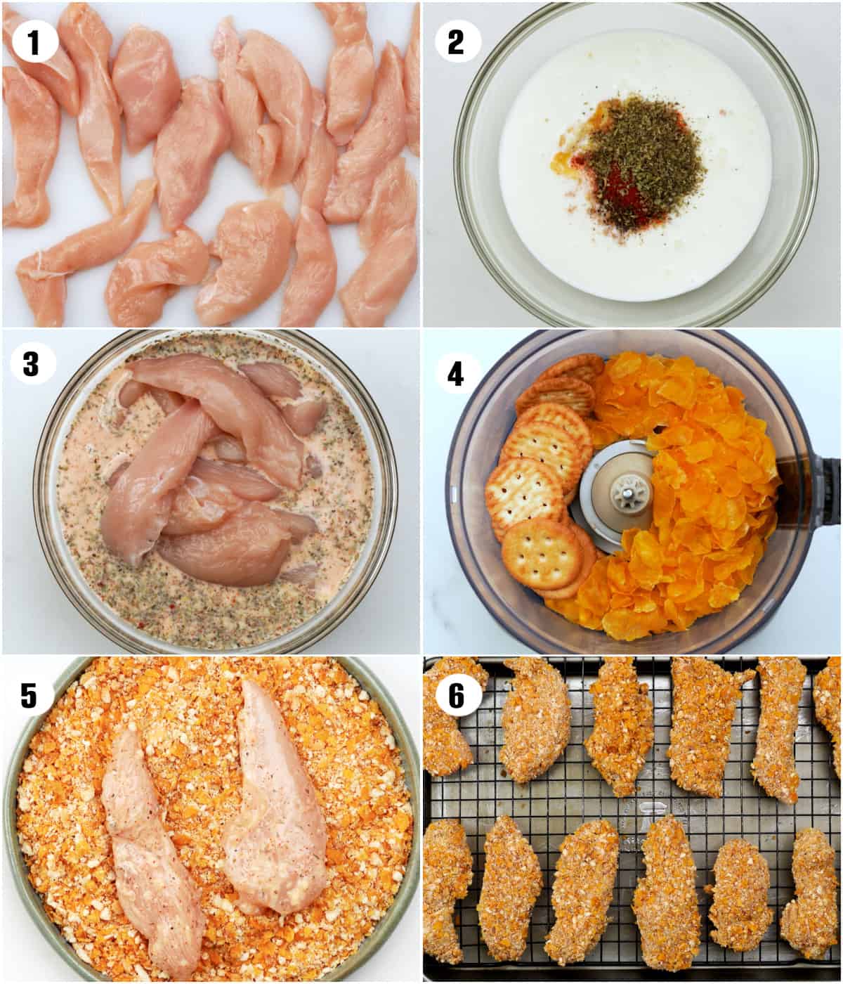 Steps showing making of cornflake chicken.
