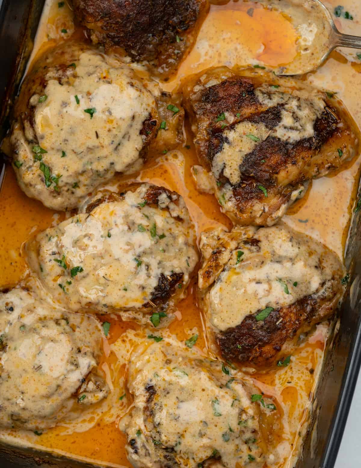 Oven baked chicken thighs in a creamy parmesan sauce. 