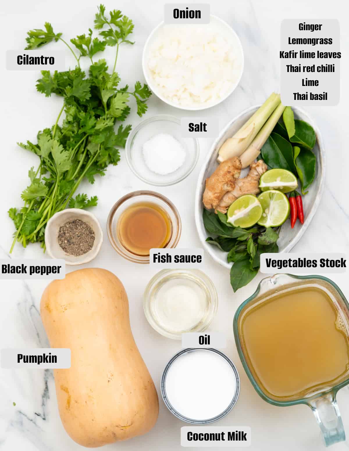 Ingredients you need for making Thai coconut pumpkin soup.