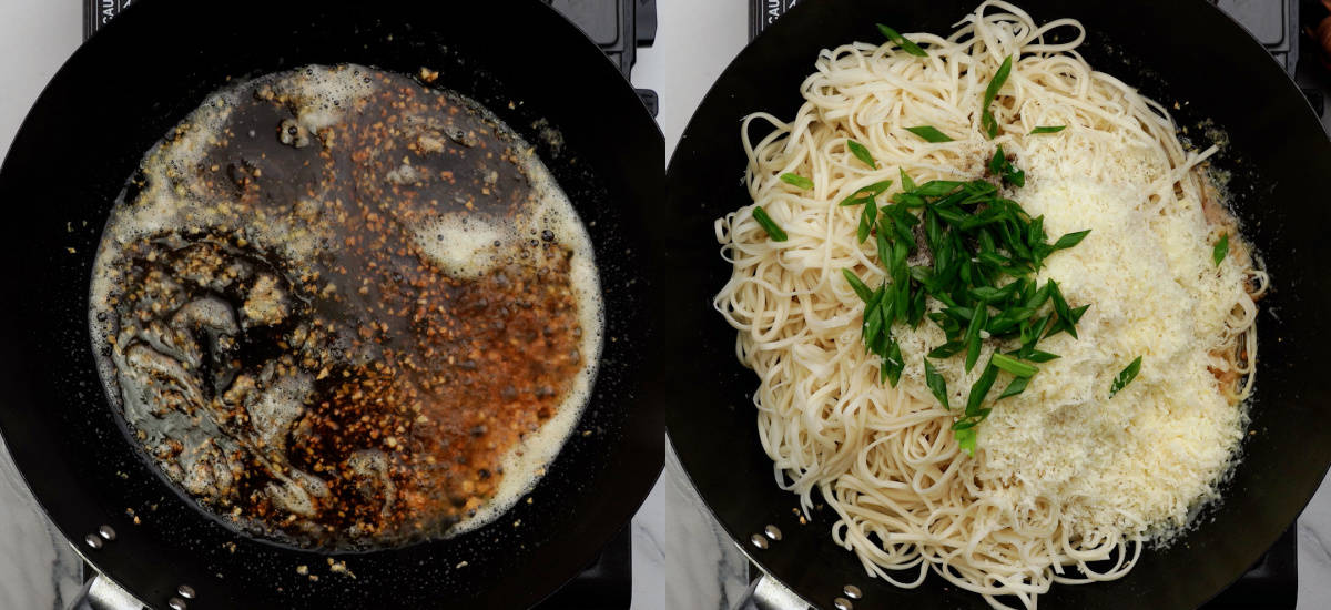 Cook sauce. Toss noodles, parmesan cheese and green onion. 