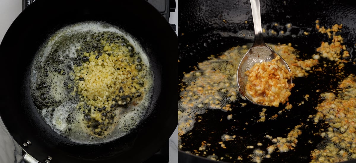 Cook garlic in butter until crispy. 