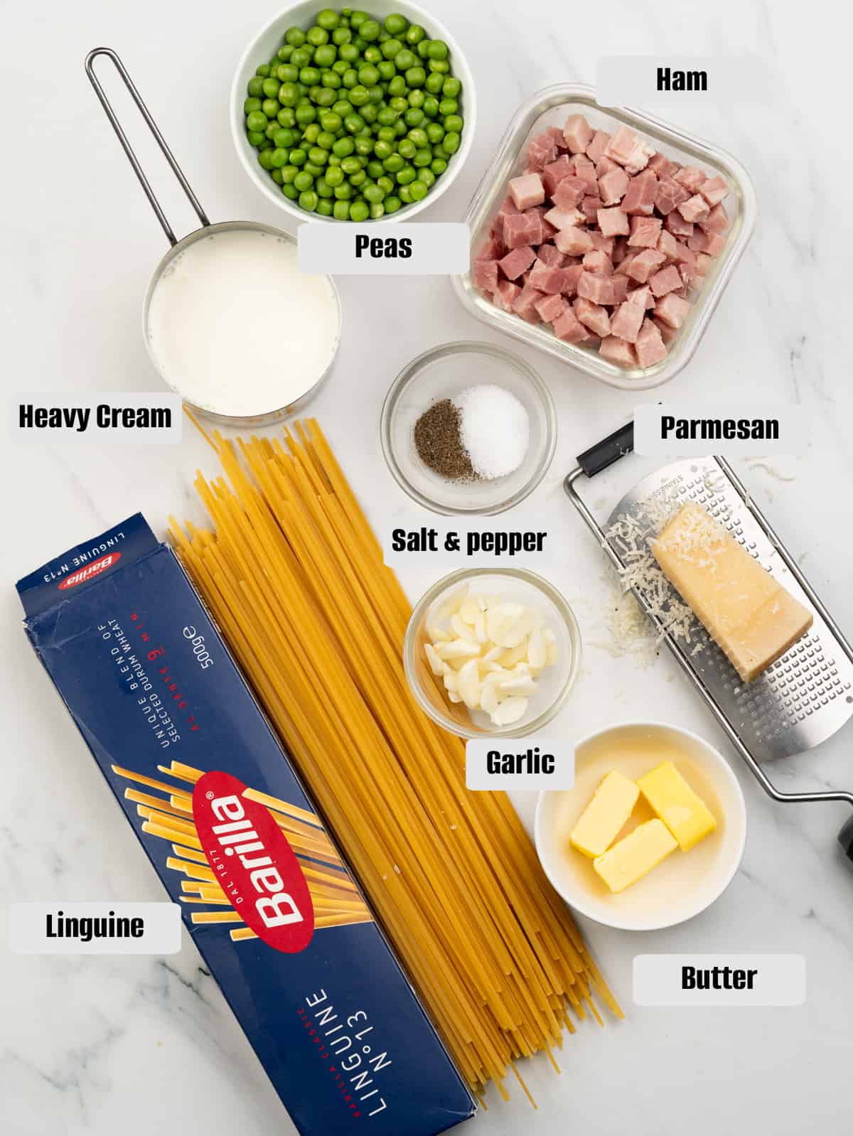 Ingredients you need for making pasta with ham and green peas. 
