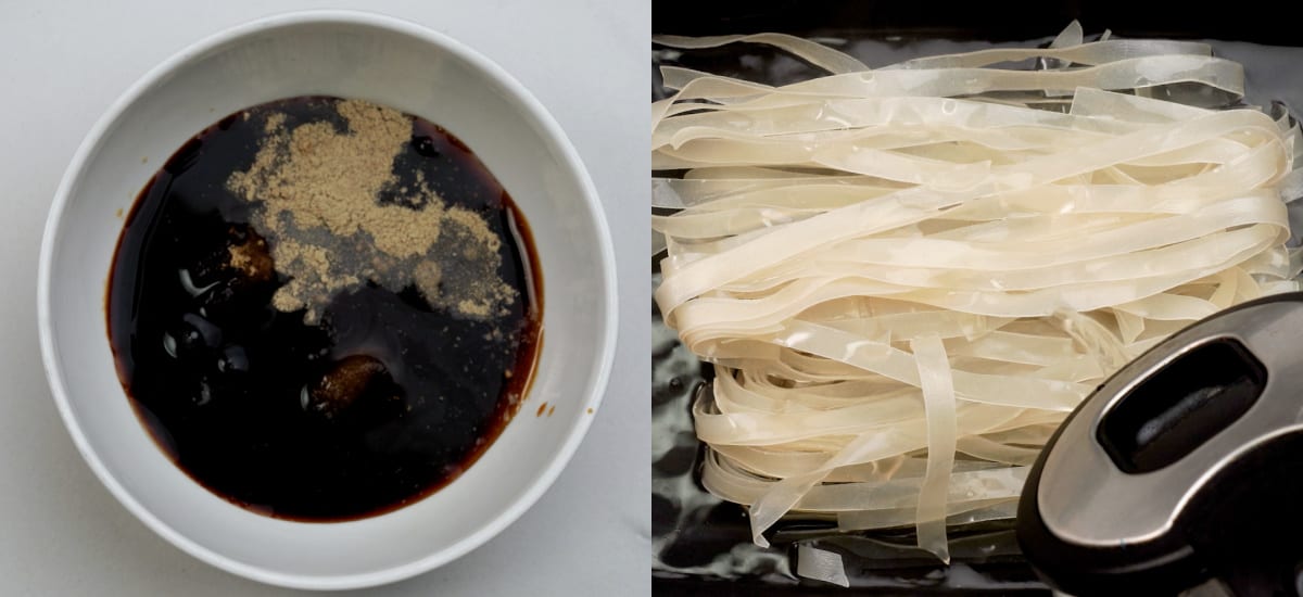 Make stir fried sauce and cook Wide Rice noodles.