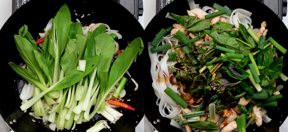 Cook veggies and then add rice noodles, basil, stir fry sauce and green onion.