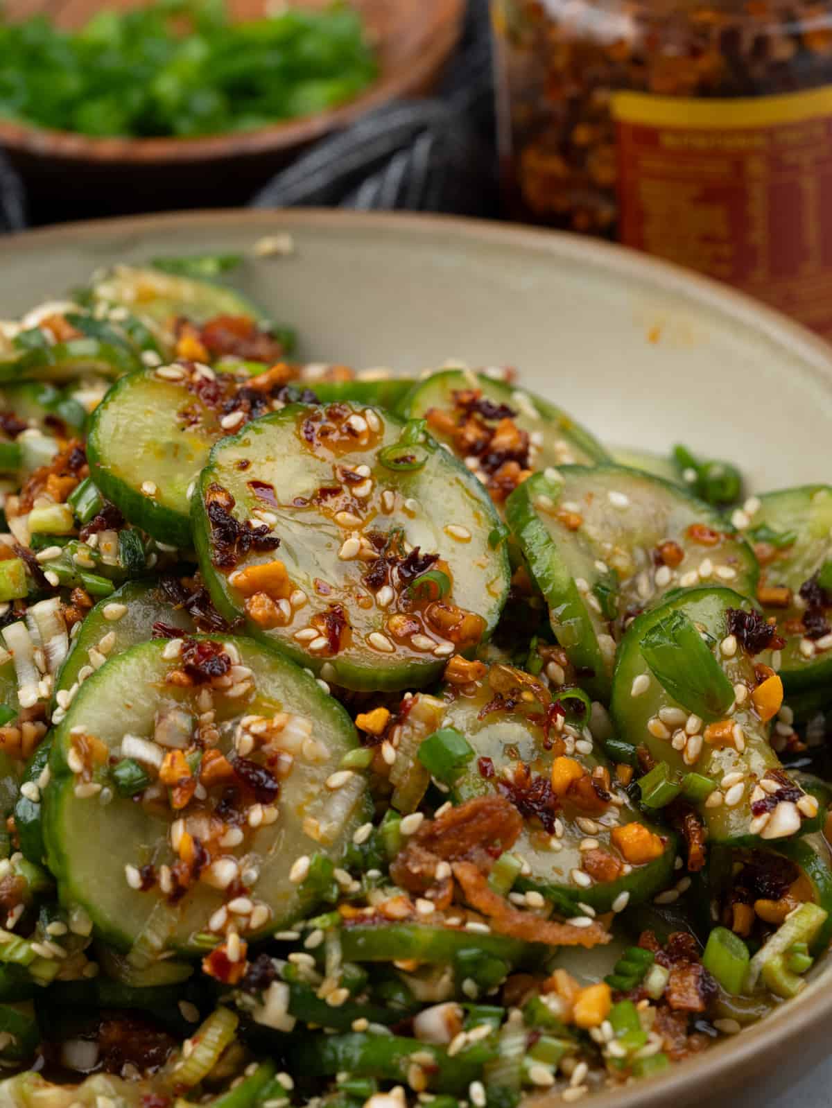 Asian salad dressing with sliced cucumber