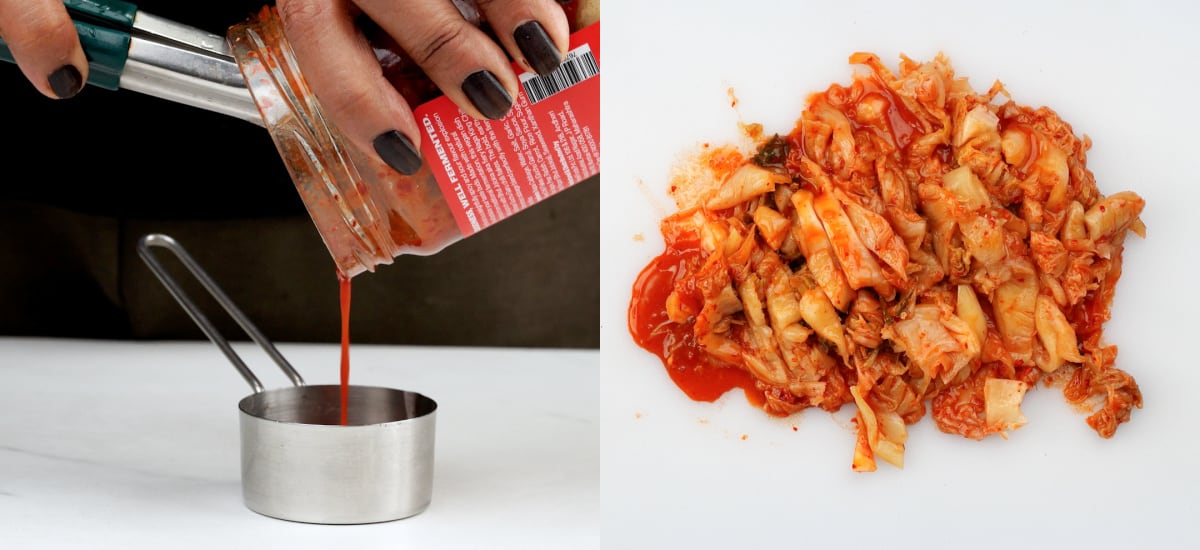 Squeeze the juice from kimchi, measure. Chop kimchi .