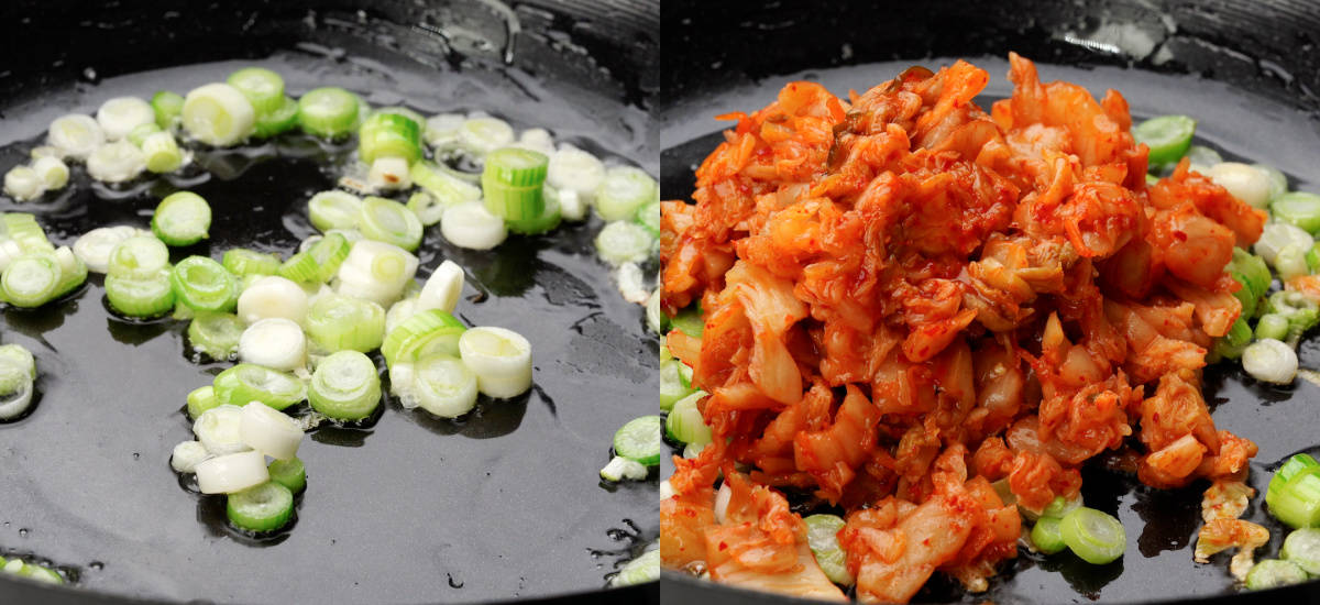 cook chopped kimchi until slightly caramelised. 