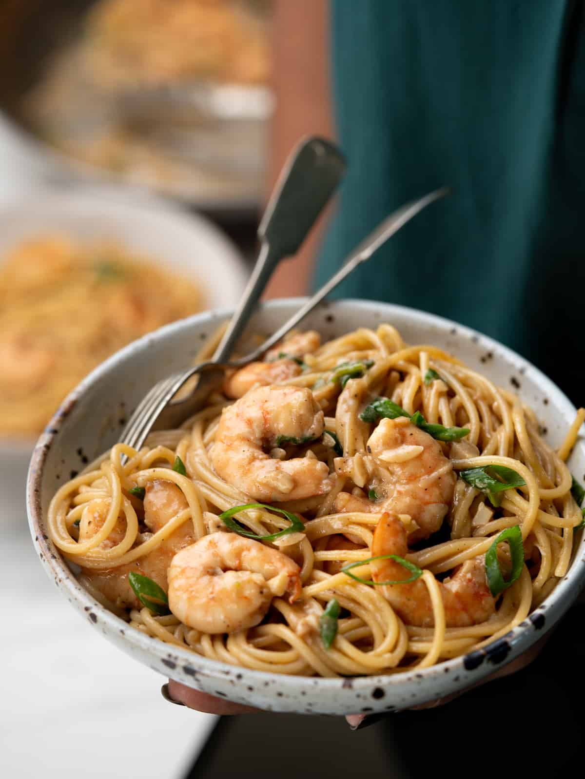 Shrimp and spaghetti noodles tossed in a garlic butter sauce with an asian twist. 