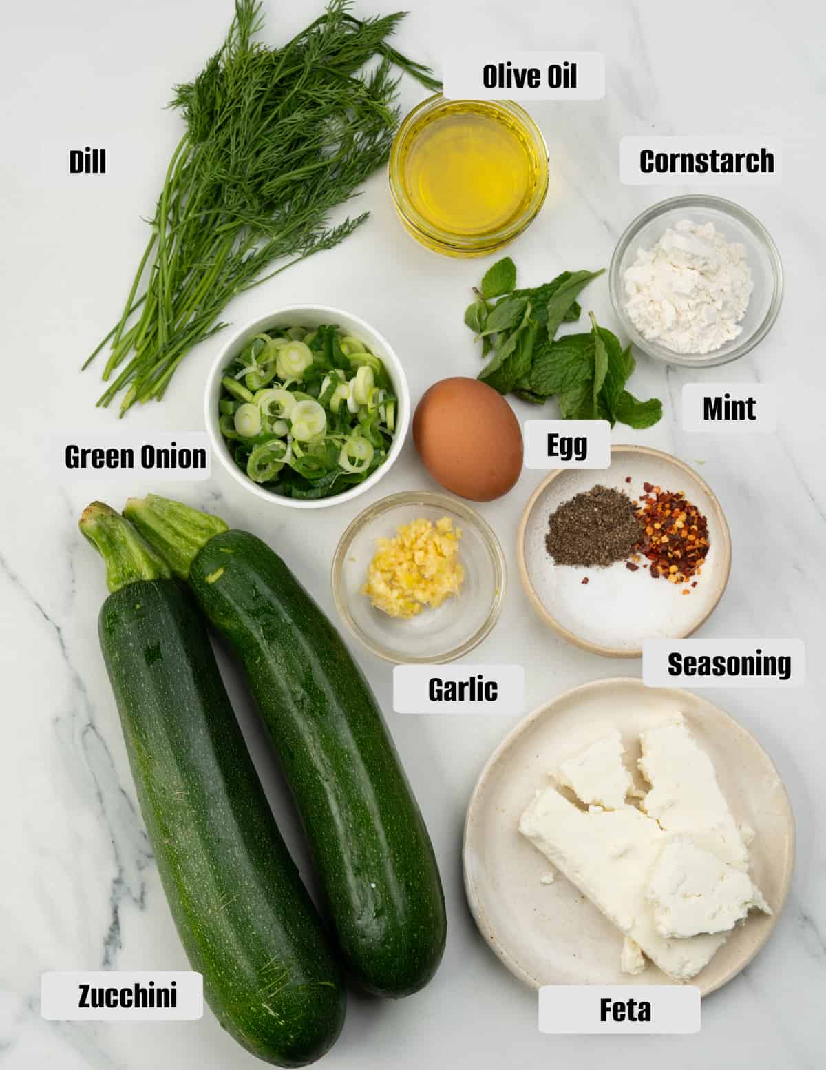 Ingredients you need for making Greek style Zucchini fritters.