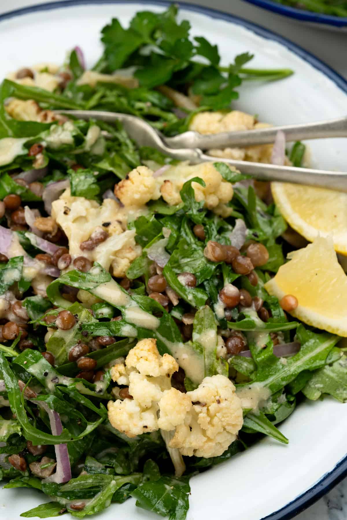 Roasted cauliflower salad with lentils, drizzled with tahini dressing