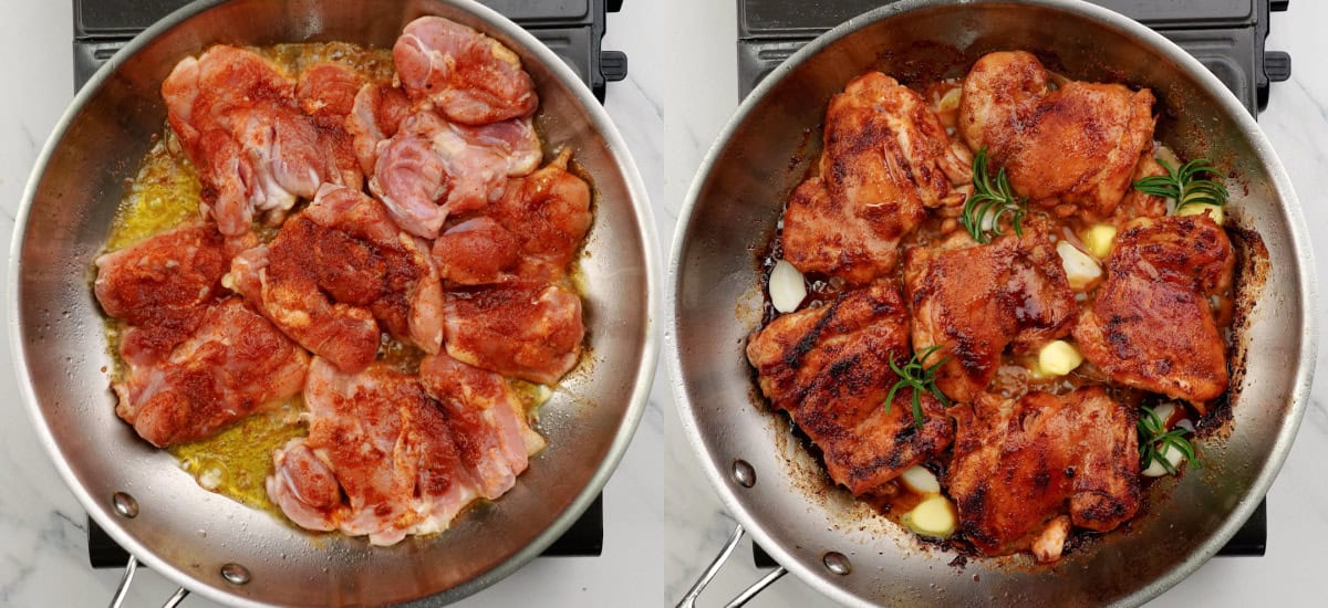 Sear seasoned chicken thighs. Add garlic, butter and rosemary.
