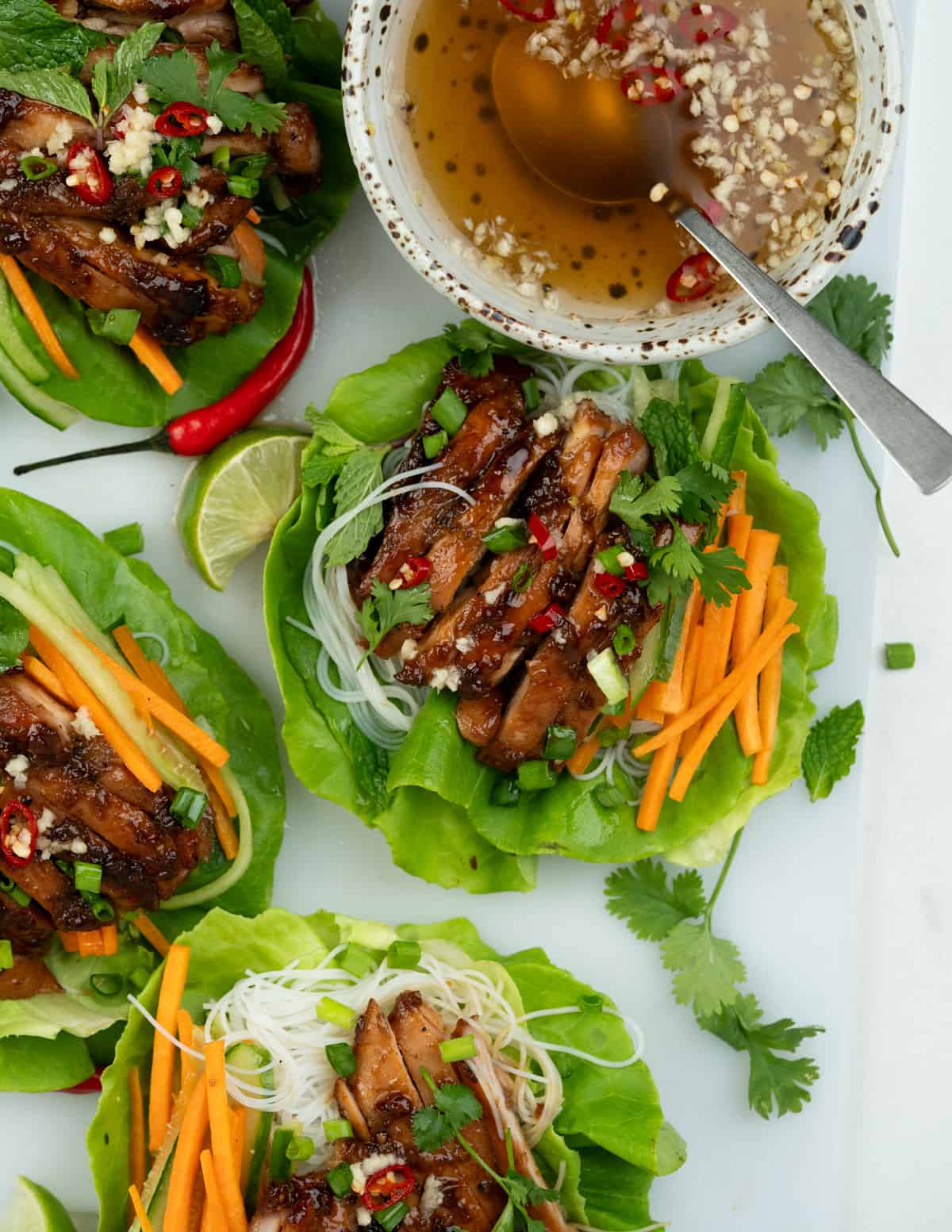 ender lettuce leaves are topped with sweet sticky chicken, crunchy veggies, rice vermicelli, and fresh herbs and dressed with Nuoc Cham a salty, sweet, and spicy Vietnamese dipping sauce.