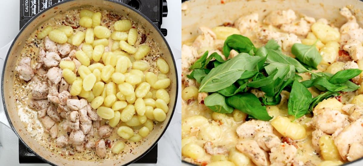 add cooked chicken, gnocchi and Italian basil to the cream cheese parmesan sauce. 