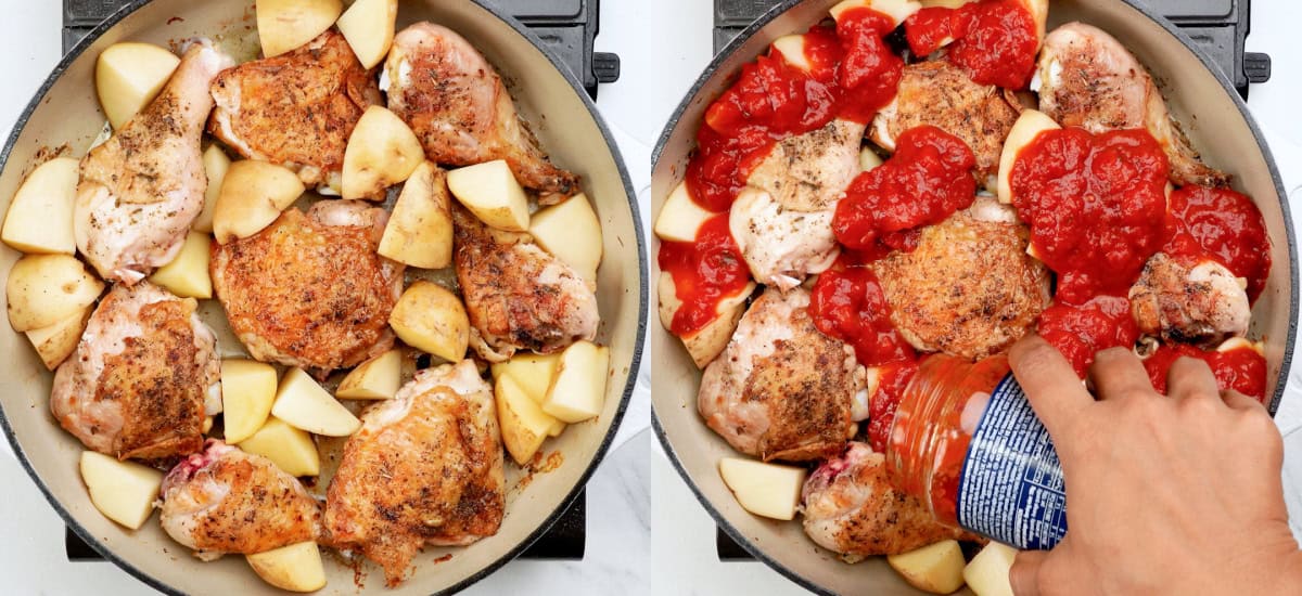 Add potatoes and marinara to  seared chicken in the skillet