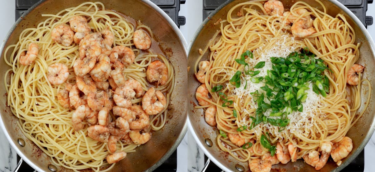 add cooked spaghetti, shrimps, parmesan and green onion.