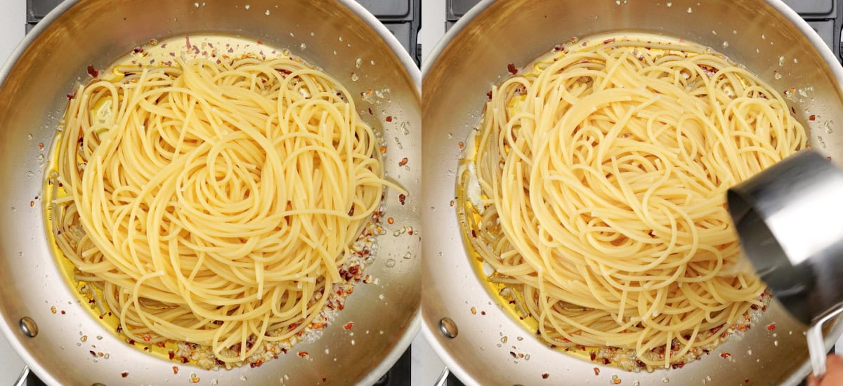 Add pasta cooking water and then spaghettis. 