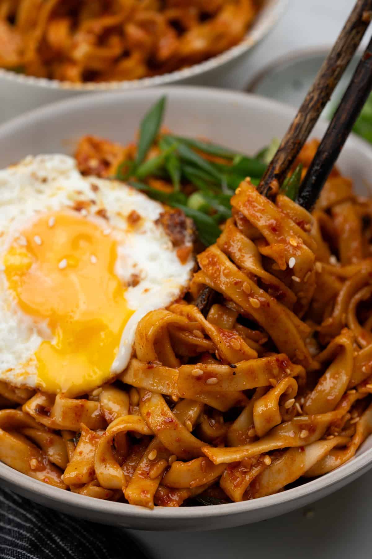 Spicy noodles tossed in firey hot Korean chilli powder, chilli paste and soy sauce served with fired egg
