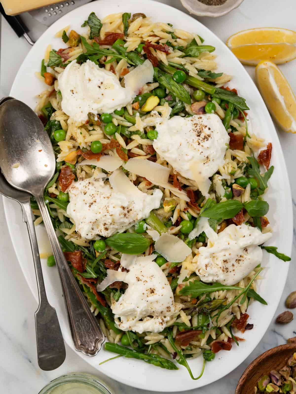 Orzo salad with spring vegetable, crispy prosciutto, pistachio dressed in EVVO, parmesan, fresh lemon juice. Topped with creamy burrata. 