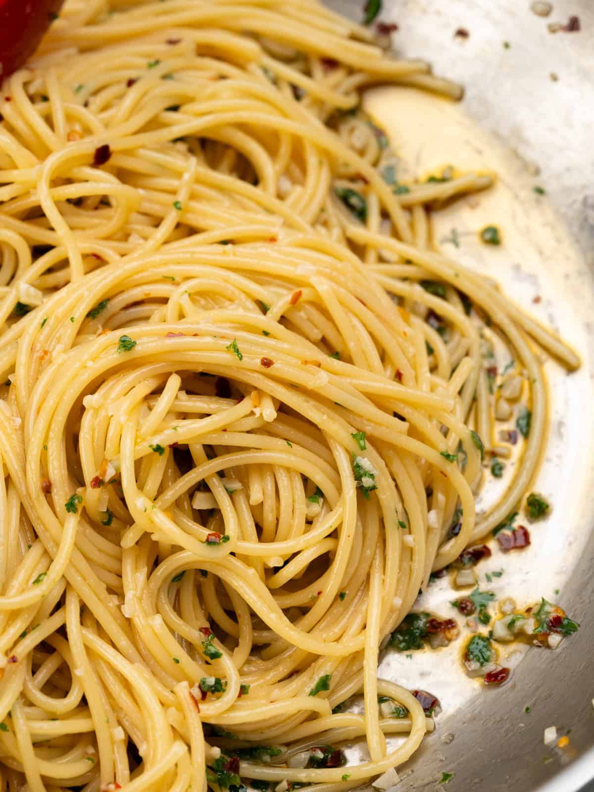 spaghetti in Garlic infused olive oil , chillis, parsley and parmesan