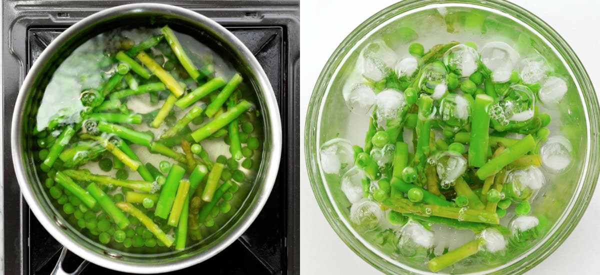 Blanch asparagus and peas.