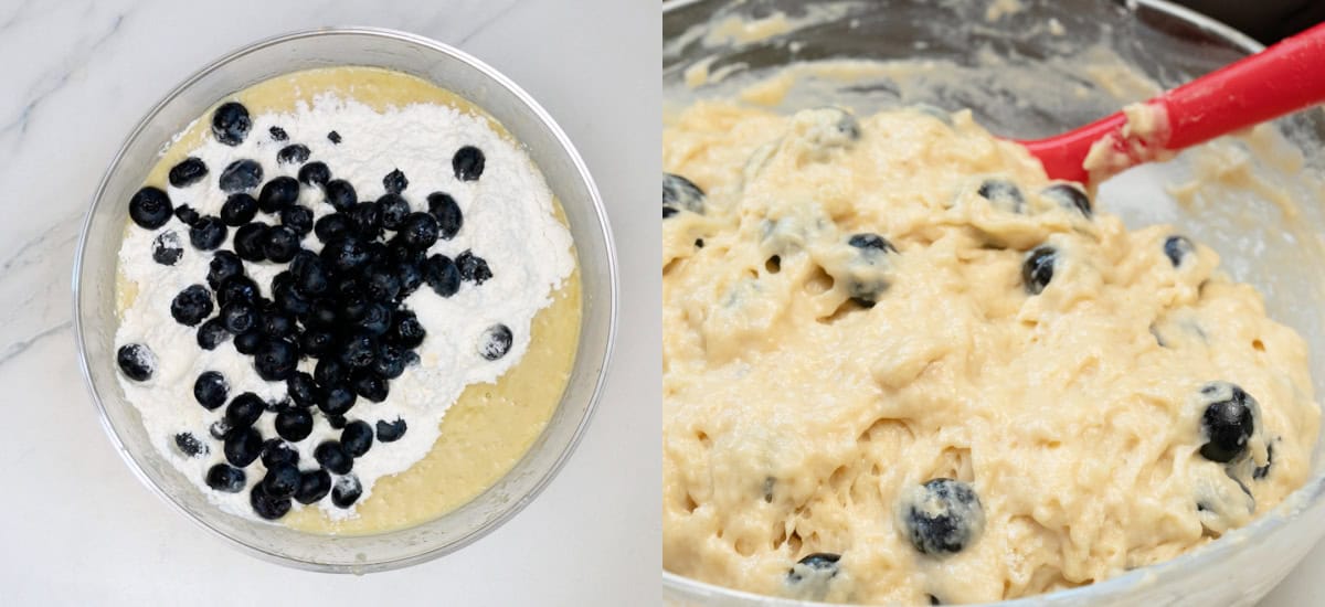 Fold in dry mixture and blueberries to the wet mix.  