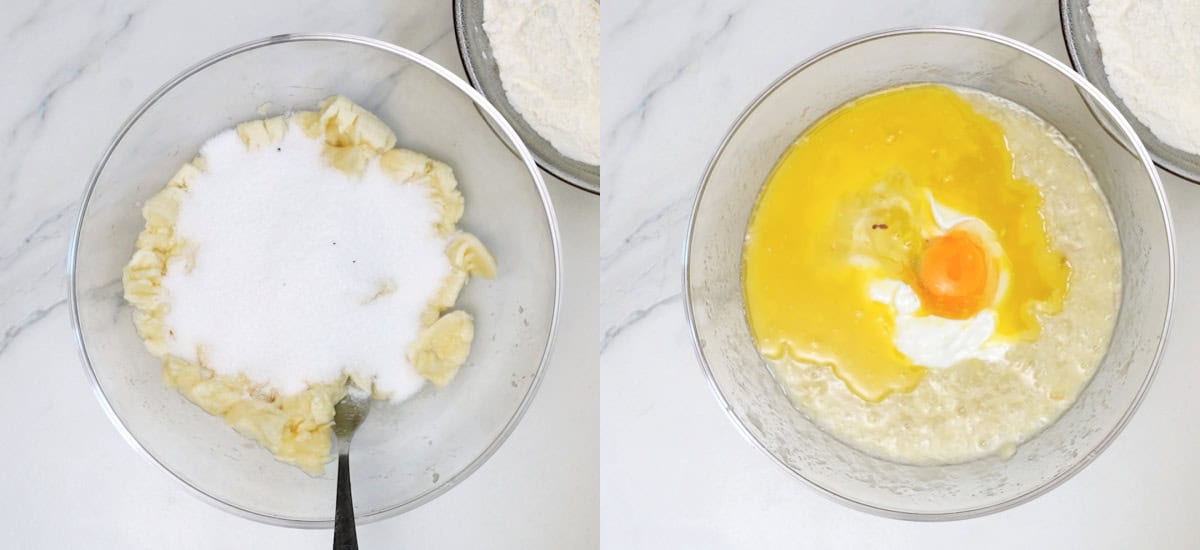 Add sugar, melted butter, egg, greek yogurt.
