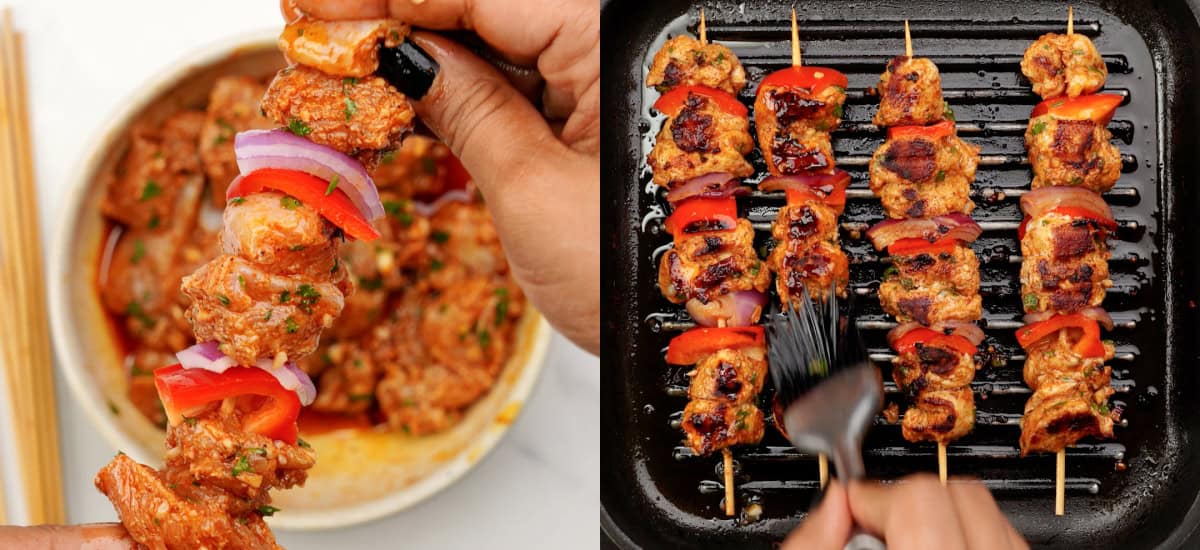 Thread marinated meat and veggies to the skewers and cook on outdoor grill or a grill pan. 