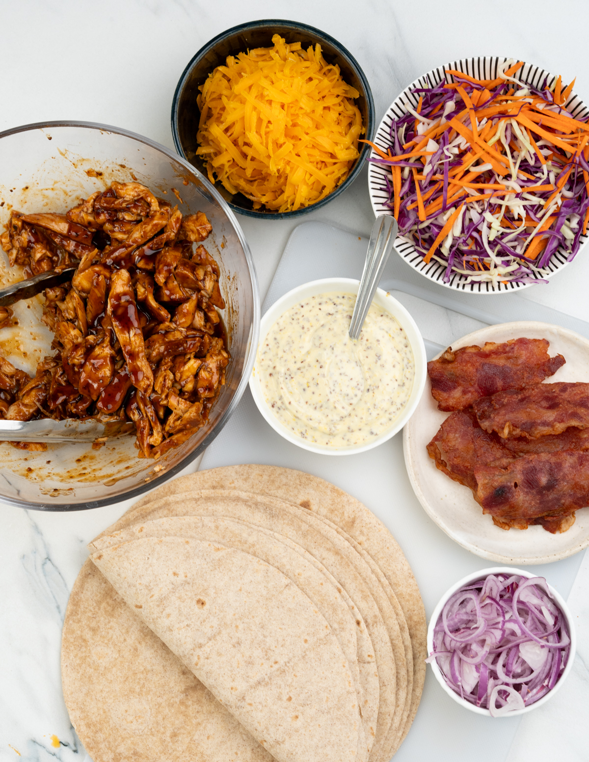 Mis en place for BBQ chicken Wrap