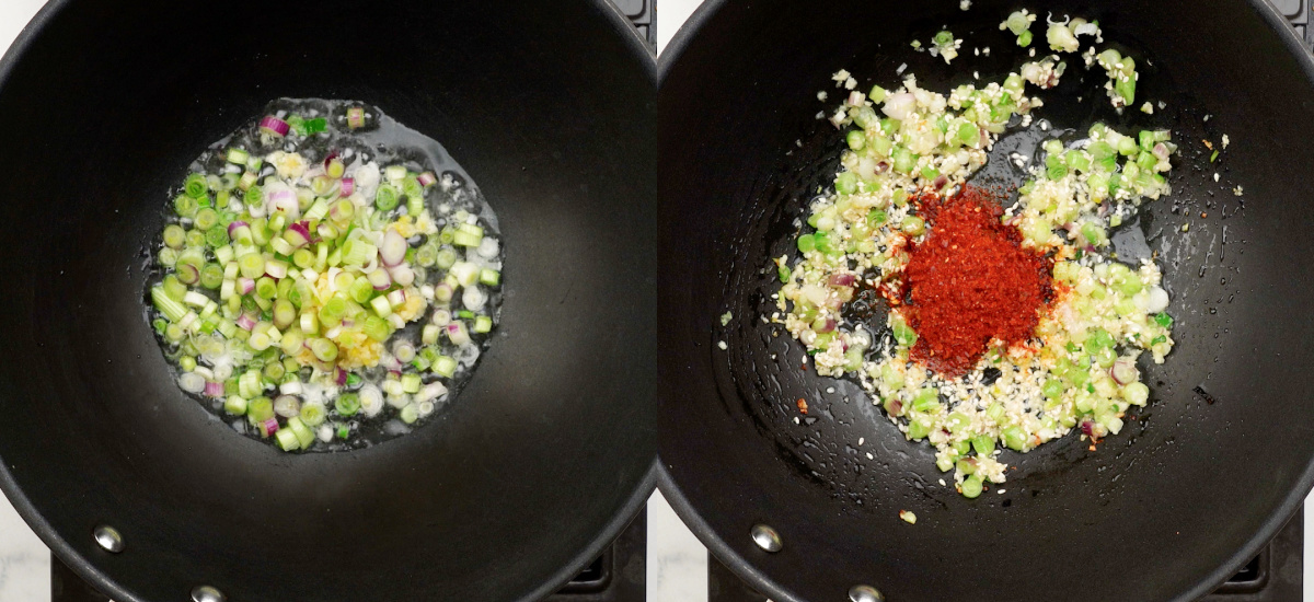 Saute green onion, garlic then add chilli powder
