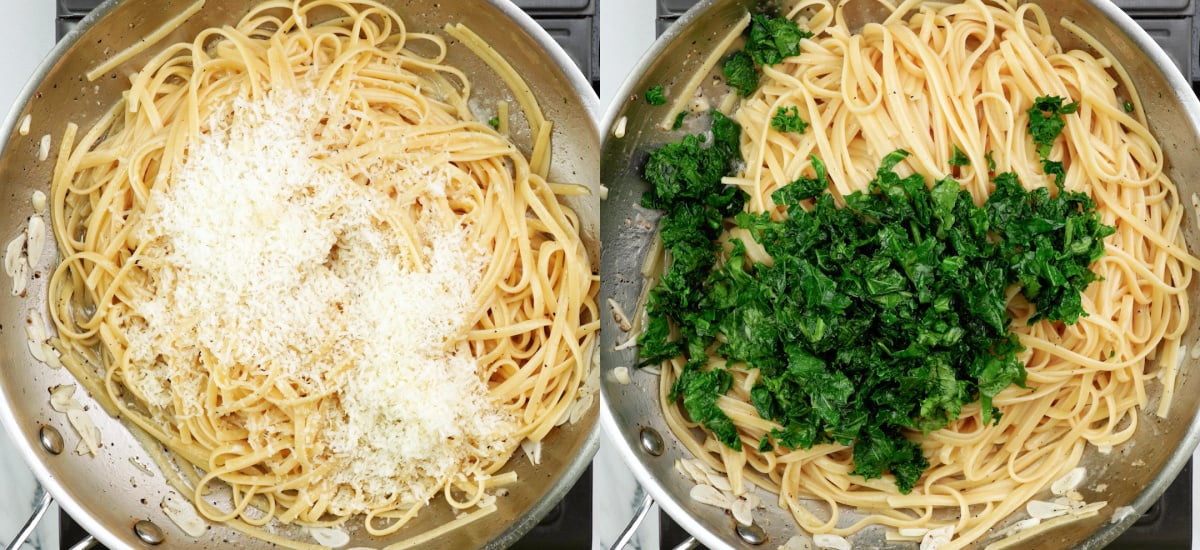 To Lemon sauce add cooked linguine, parmesan cheese, seasoning and kale