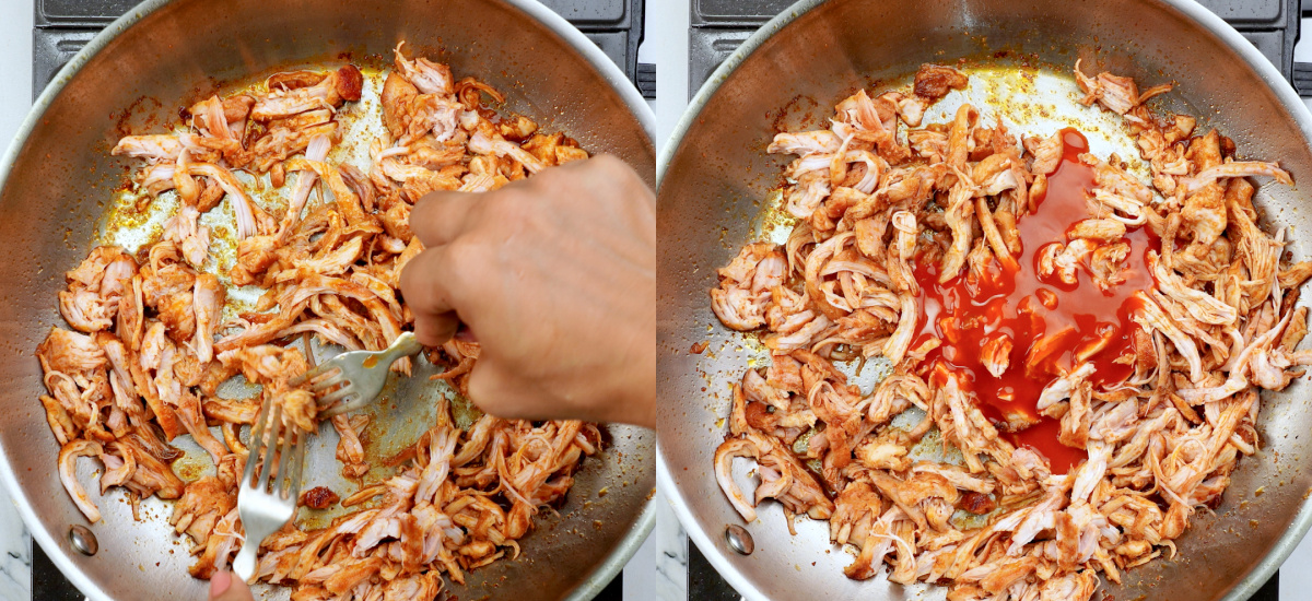 Shred and add buffalo sauce to the chicken.