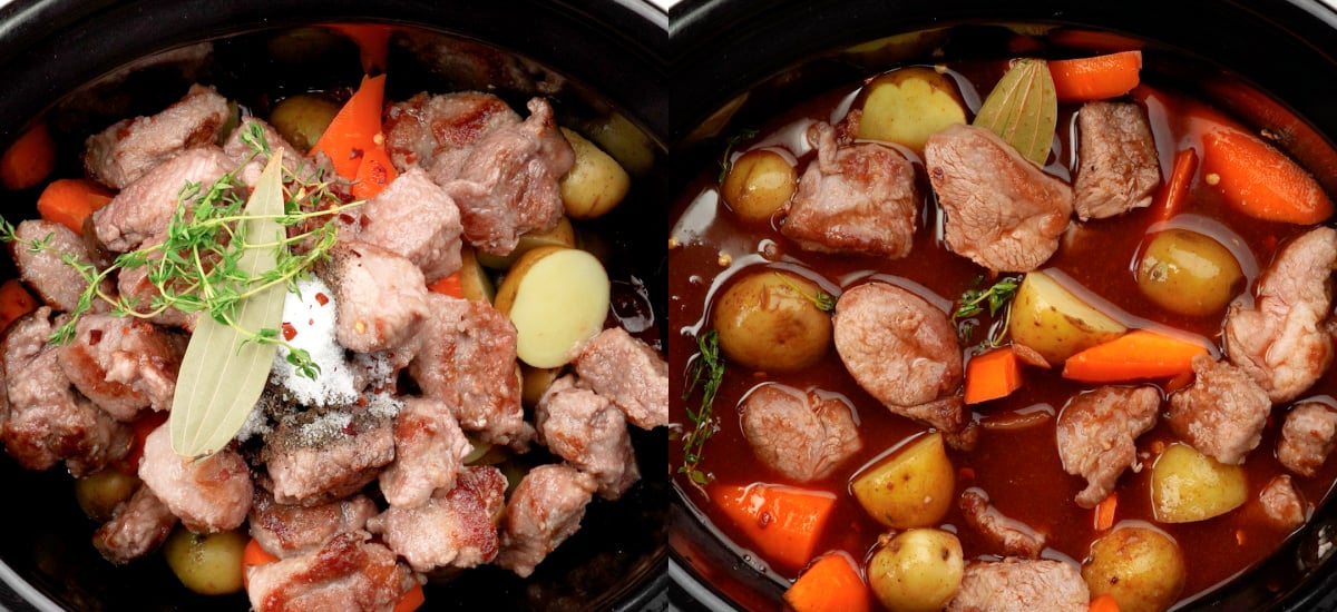 Add everything to slow cooker along with beef stock. 