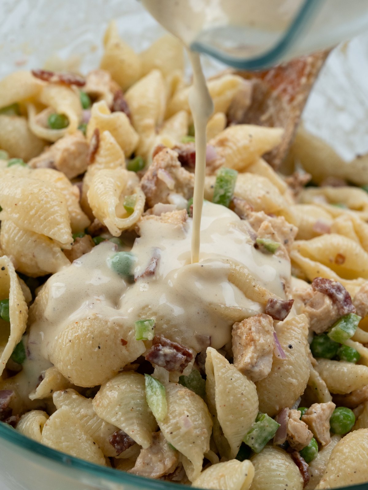 Shell pasta with diced grilled chicken, crispy bacon, peas, bell peppers, onion tossed in a mayo dressing. 