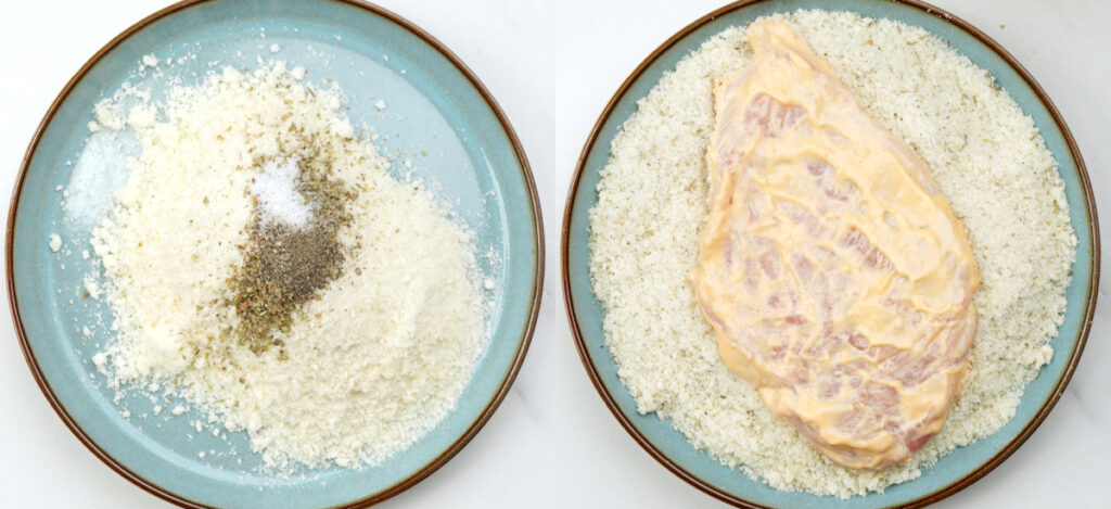 Coat chicken with seasoned parmesan breadcrumb mix. 