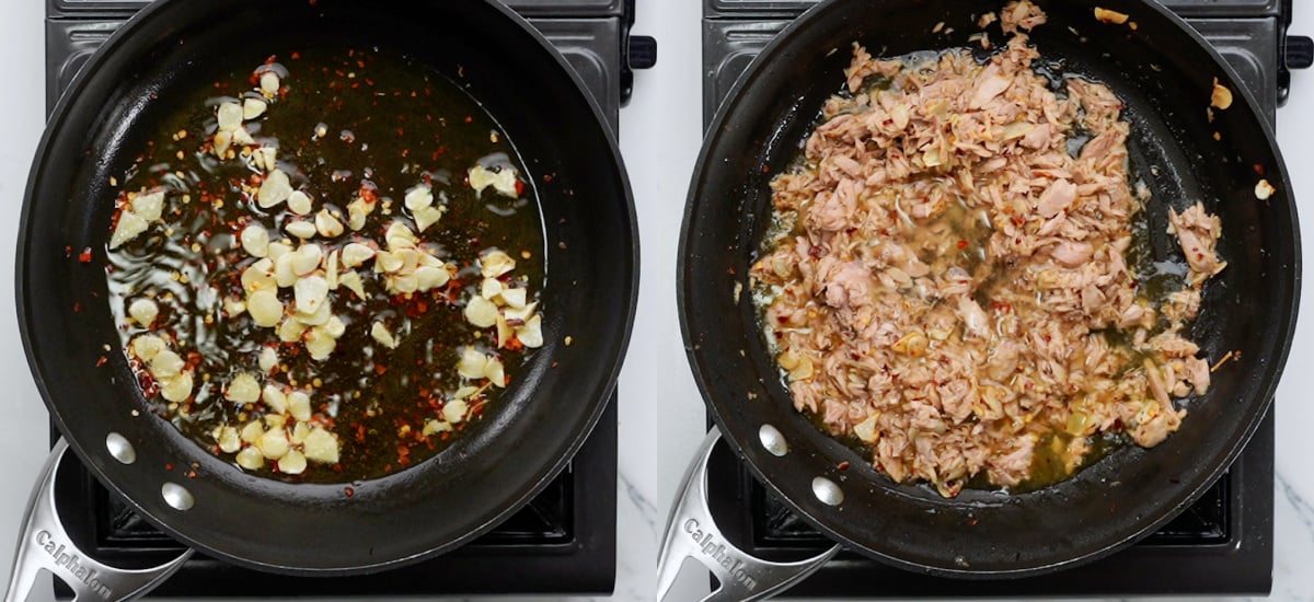 Garlic and chili flakes roasted in olive oil. Tuna and white wine stirred in.