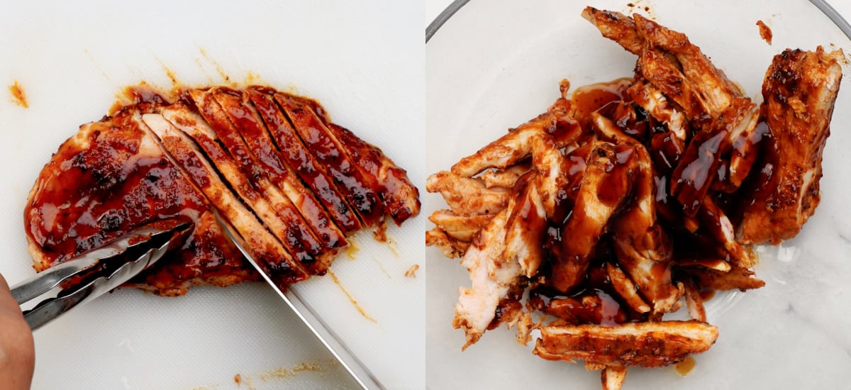 Slice chicken breast and toss it with BBQ sauce.