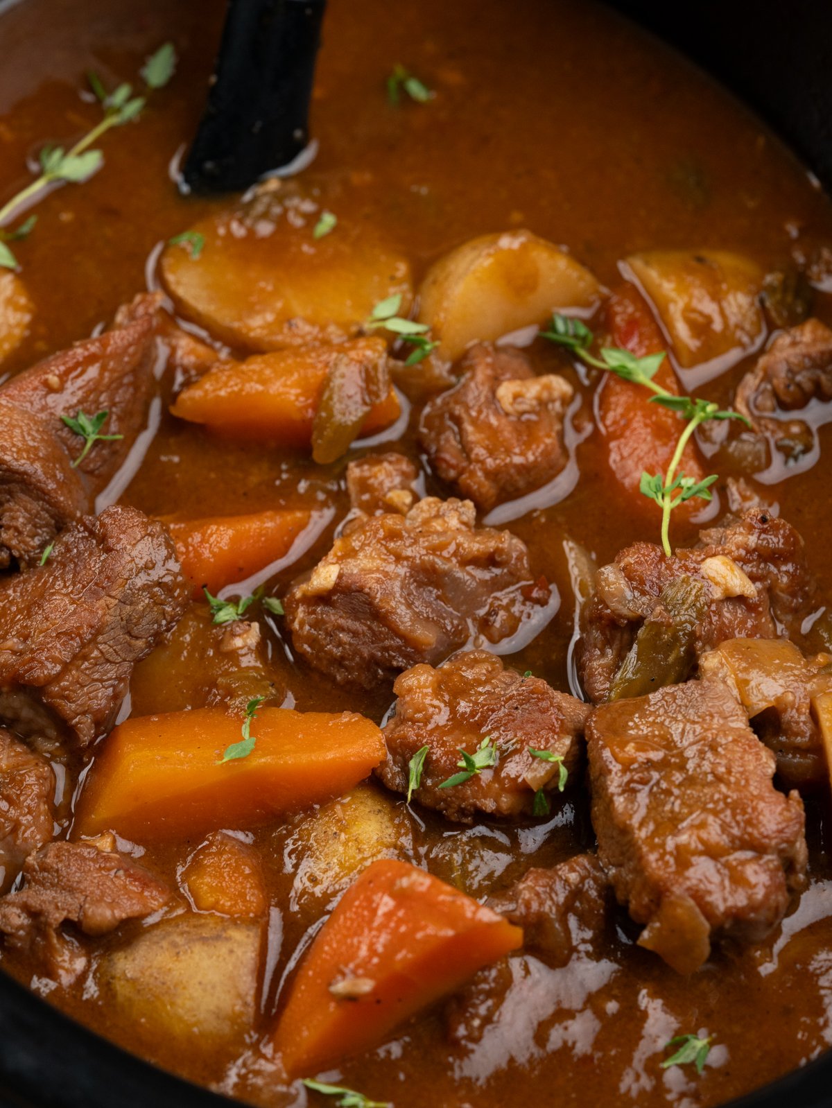 Slow-cooker lamb stew with tender, fall-apart lamb chunks, potatoes and carrot has a rustic flavourful thick broth