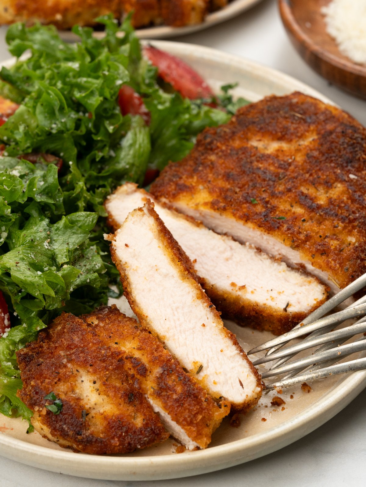 Parmesan crusted chicken turns out to be juicy and moist. 