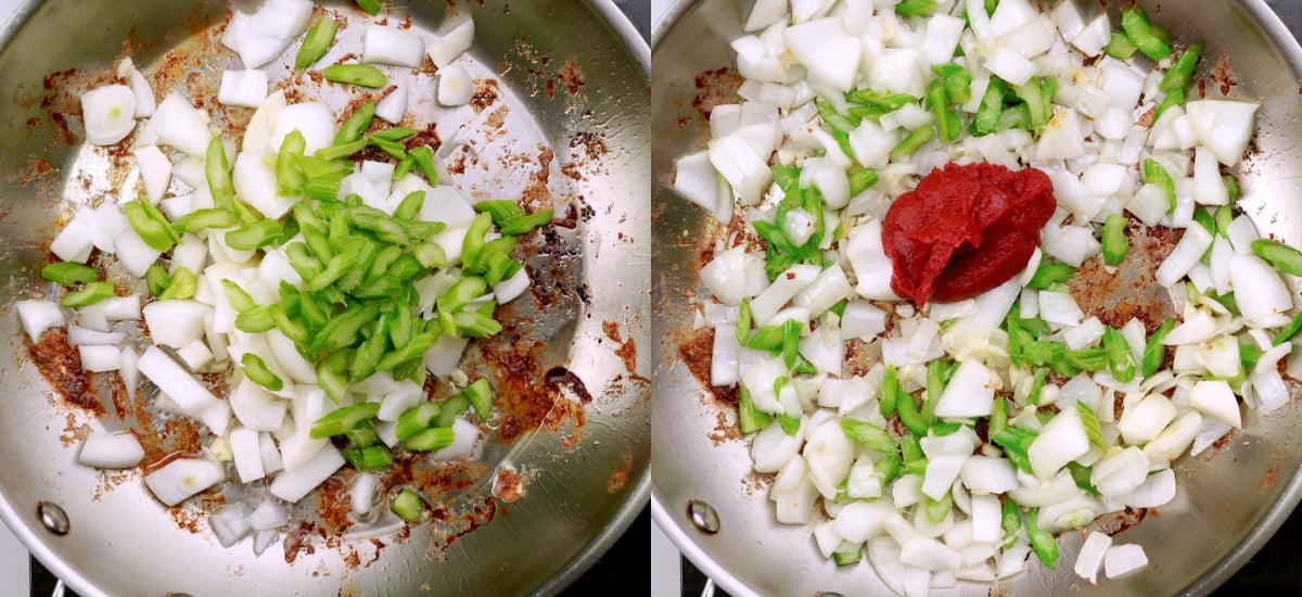Saute onion, garlic, celery and tomato paste.