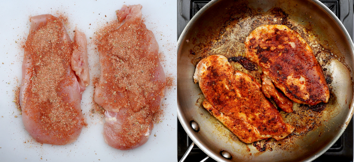 Season chicken and sear on both sides.