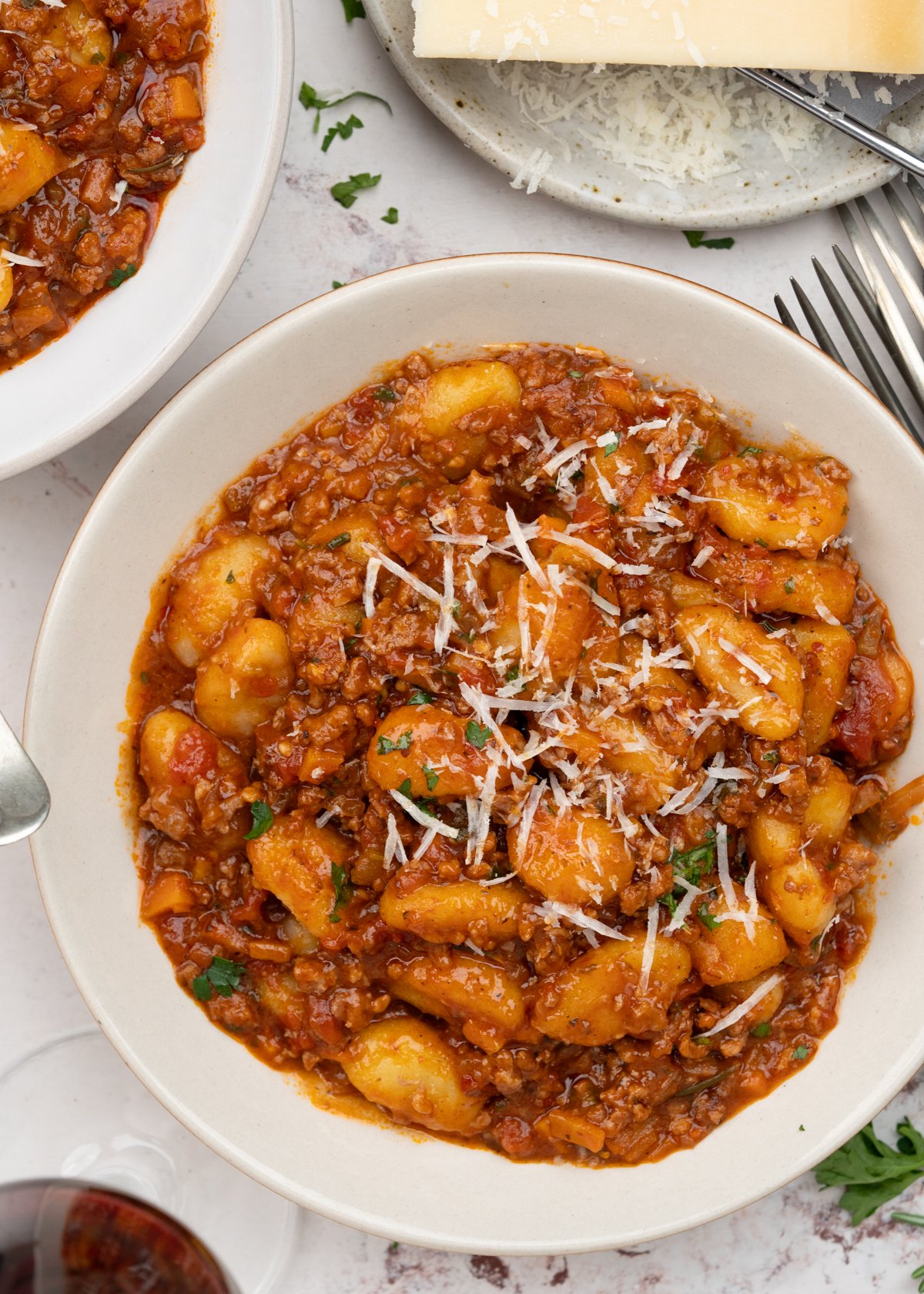 A delicious plate of soft Gnocchi and meaty Bolognese sauce.